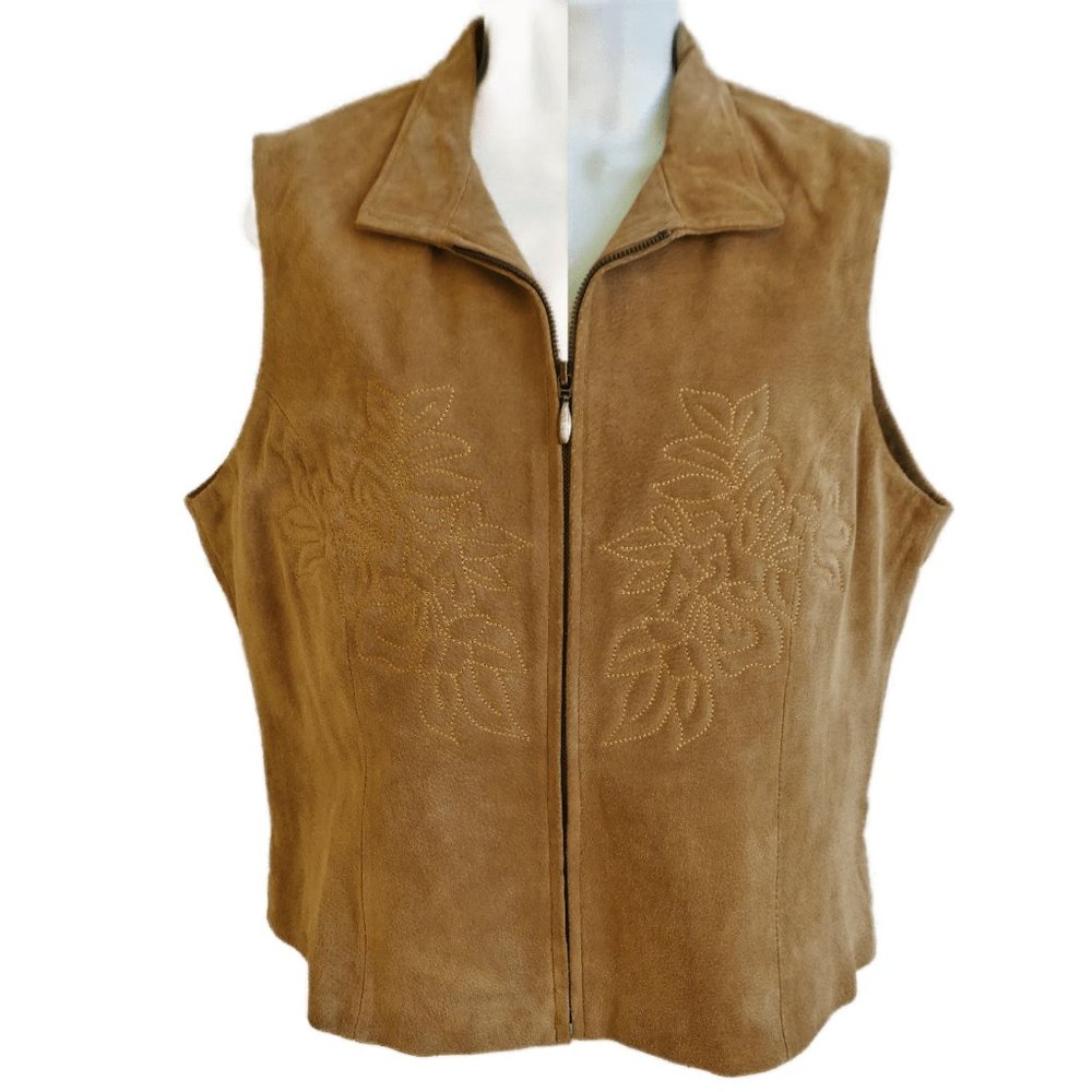 Vintage Leather Vest Tan Floral Embroidery Front Back Tan Full 2 Way Zip Lined M